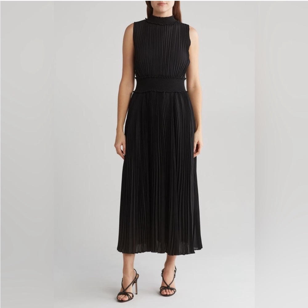Nanette Lepore Black Pleated Sleeveless Mock Neck Maxi Dress